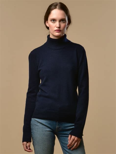 Turtleneck Sweater Ecru and Navy Blue Wool and Cashmere 